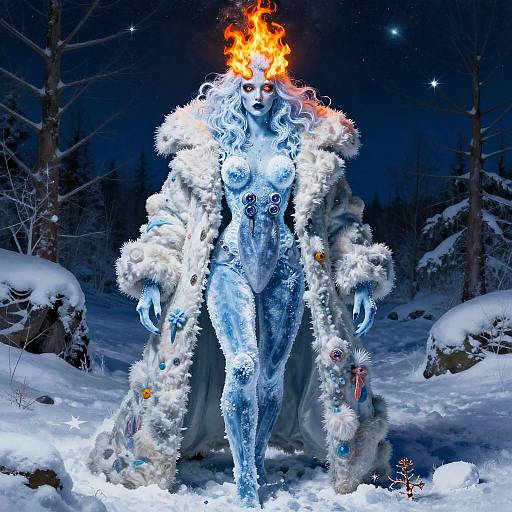 Digital art of a blue, humanoid figure with fiery head, wearing a white, fur-trimmed coat, standing in a snowy forest at night.