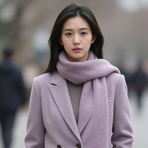 Photograph of an Asian woman with long black hair, wearing a light purple coat with a large scarf, standing in a blurred urban background.