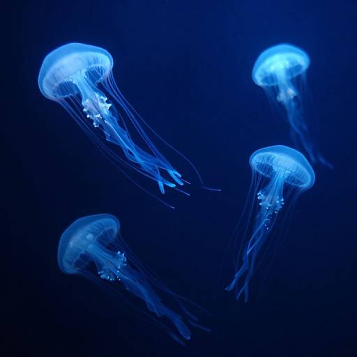 Photograph of four glowing blue jellyfish with translucent, flowing tentacles against a dark blue underwater background, creating a serene, ethereal effect.