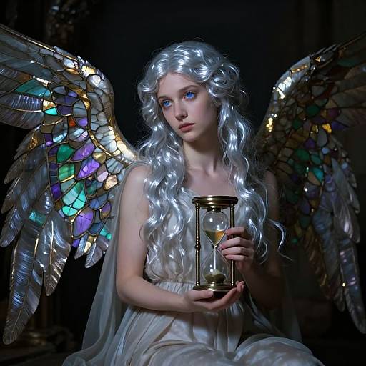 Photograph-style digital artwork of a silver-haired, blue-eyed angel with iridescent wings holding a glowing hourglass, dressed in a white, flowing