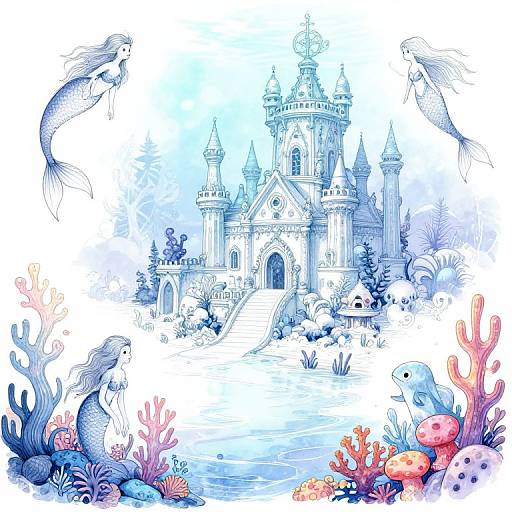 Whimsical digital illustration of a blue-toned, castle-like castle surrounded by fish, coral reefs, and floating fish in a serene water scene.