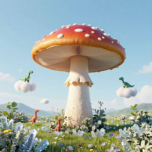 Photorealistic CGI of a giant red-spotted mushroom with white polka dots, surrounded by vibrant flowers, greenery, and small white puffballs