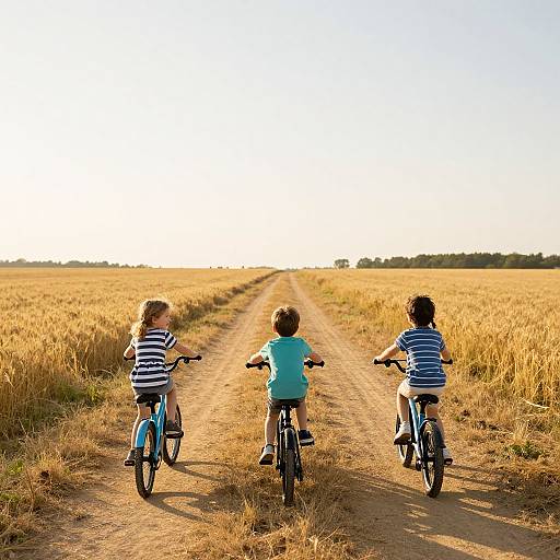 Photograph of three young boys riding blue bicycles down a dirt path through a golden wheat field at sunset.