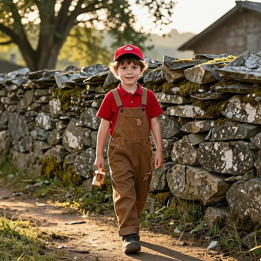Photograph of a young boy with fair skin, brown hair, wearing a red cap, red shirt, and brown overalls, walking along a sun