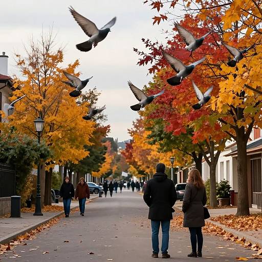 Autumn Town Street with Gliding Pigeons