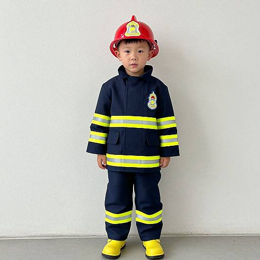 Photograph of a young Asian boy in a full black firefighter uniform with yellow stripes, red helmet, and yellow boots, standing against a plain white wall
