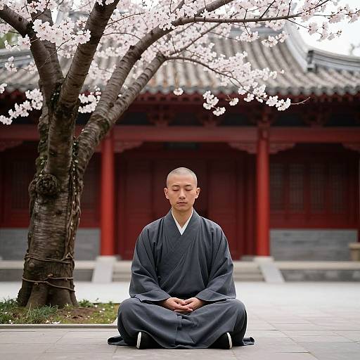 Serene Asian Monk Meditating Under Cherry Tree