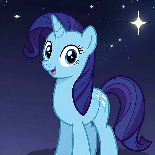 Digital artwork of a light blue, horned pony with large eyes, dark purple mane and tail, smiling under a starry night sky.