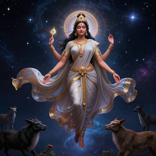 Digital art of a goddess with six arms, wearing a white and gold sari, floating above a starry night sky, surrounded by grazing goats,
