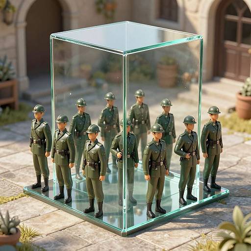 Photograph of a glass cube containing nine miniature green-uniformed soldiers, standing in a sunlit courtyard with potted plants and stone pavement.