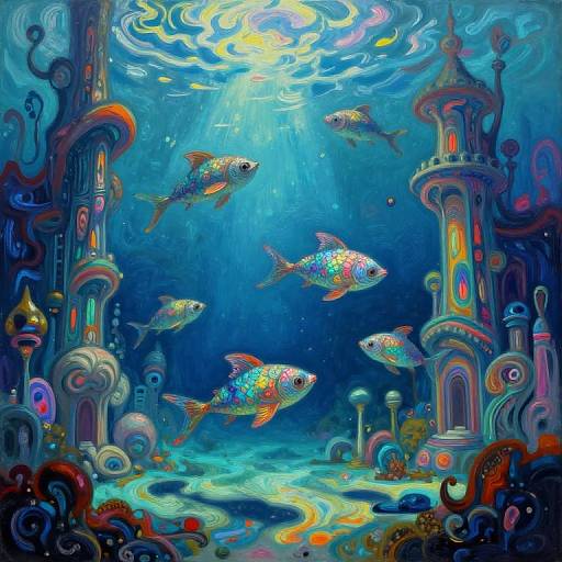 Vibrant underwater scene with colorful, patterned fish swimming between whimsical, abstract towers illuminated by sunlight from above. Digital artwork.
