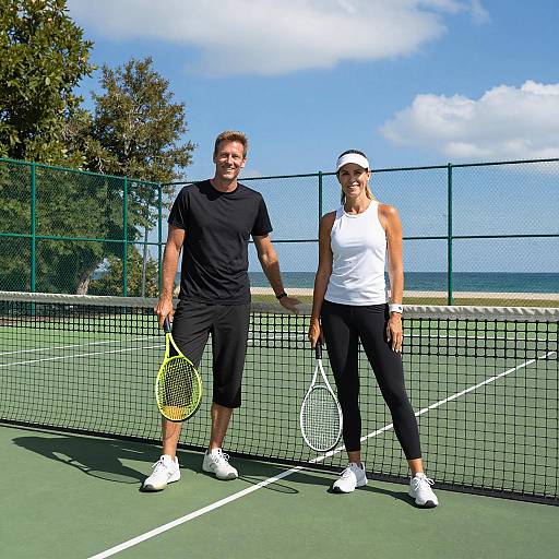 Cheerful Tennis Duo on Outdoor Court