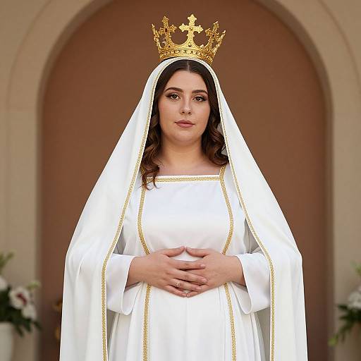 Photograph of a young woman with dark curly hair, wearing a white veil, golden crown, and white dress, standing in front of an arched