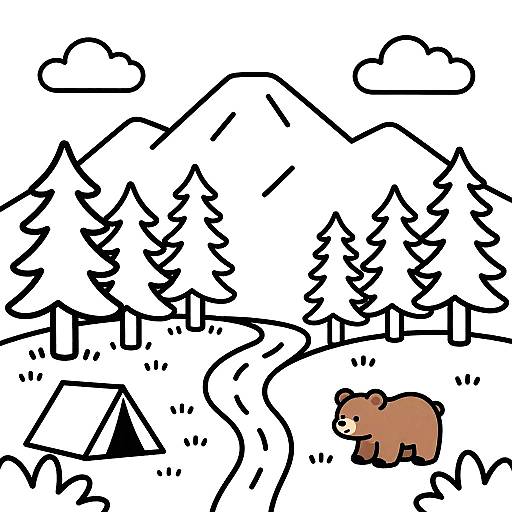 Joyful Mountain Camping Coloring Scene