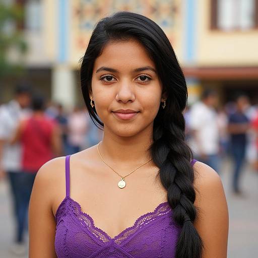 Photograph of a young South Asian woman with long black hair in a braid, wearing a purple lace camisole, standing in a busy urban