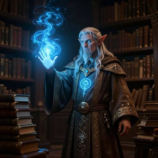 Photorealistic digital art of a white-bearded, pointy-eared wizard in dark ornate robes, conjuring blue magical flames in a dim