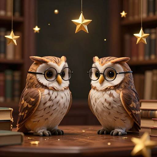 Scholarly Owls in Magical Library