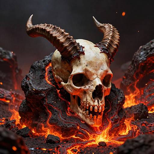 Photorealistic digital artwork of a demonic skull with curved, textured horns, surrounded by glowing red-orange lava and black rocks, set against a dark,