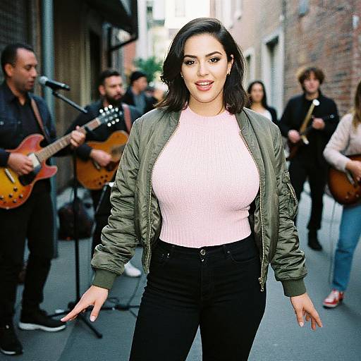 Photograph of a smiling woman with dark hair in a green jacket and pink top, standing in a narrow alley with a street band in the background.