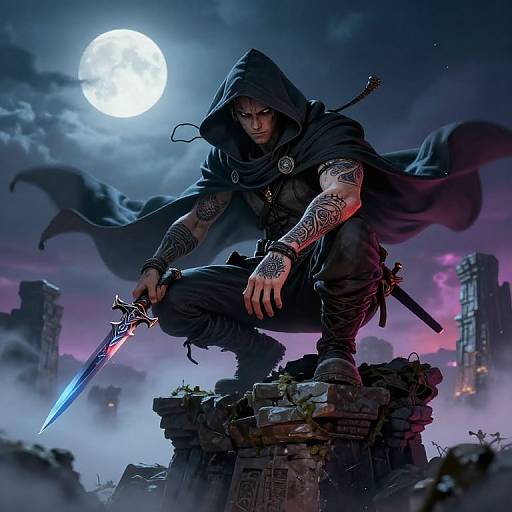 Digital artwork of a tattooed, hooded warrior with glowing blue sword, crouching on rubble under a full moon, dark purple sky.