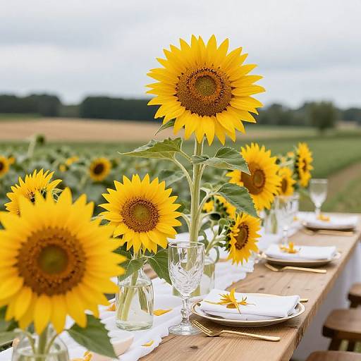 Photograph of a sunlit sunflower field, featuring tall sunflowers in clear glass vases, white plates, and wooden table, set for a