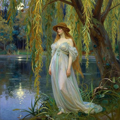 A fair-skinned, pregnant woman with long red hair and a sunhat wears a sheer, white, off-shoulder dress, standing in a