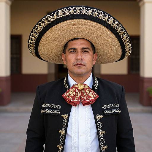 Photograph of a middle-aged man wearing a large, ornate sombrero, black jacket with gold embroidery, white shirt, and red bow tie,