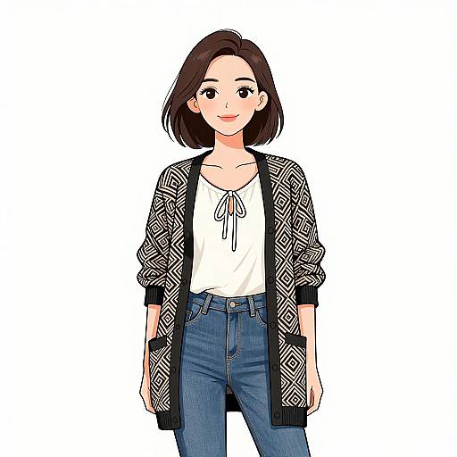 Smiling Woman in Chic Geometric Cardigan