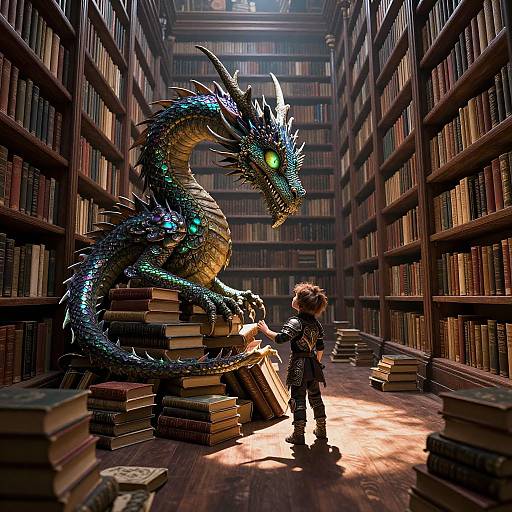 Photorealistic CGI: A glowing, blue-scaled dragon with green eyes and sharp horns lounges on stacks of books in a dimly lit,