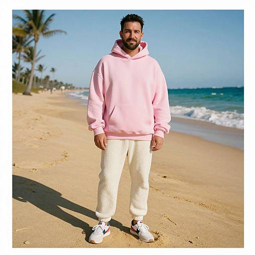 Photograph of a bearded man with dark hair, wearing a light pink hoodie, white pants, and white sneakers, standing on a sunny beach with