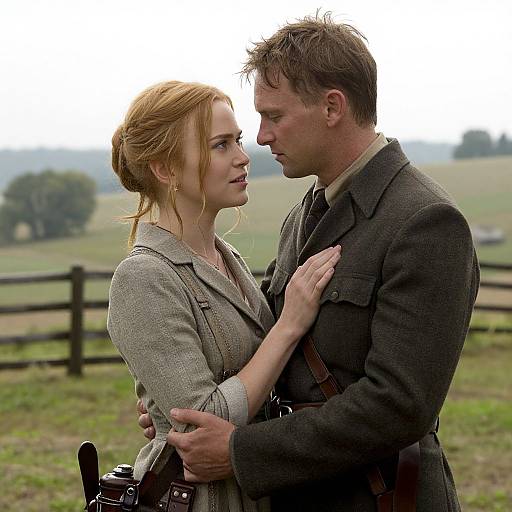 Photograph of a romantic moment between a red-haired woman in a grey blazer and a brown-haired man in a grey suit, standing in a grass