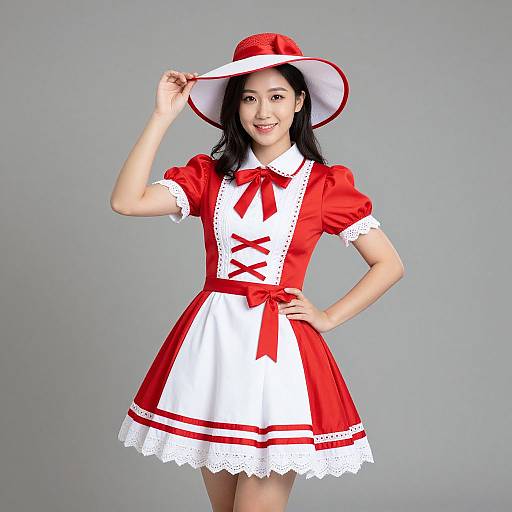 Photograph of an Asian woman with long black hair, wearing a red and white witch costume with a wide-brimmed hat, red bows, and