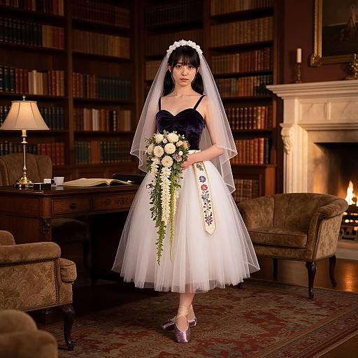 Photograph of a fair-skinned, black-haired bride in a black lace top and white tulle dress, holding a cascading bouquet, standing in