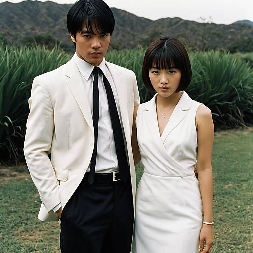 Asian Couple in Formal White Attire Outdoors
