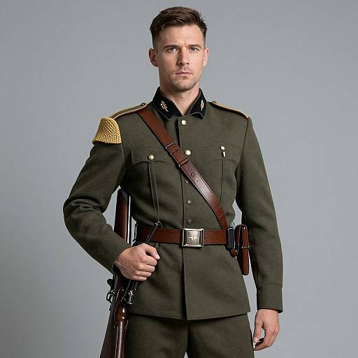 Photograph of a handsome, fair-skinned man in a dark green military uniform with gold epaulettes, brown belt, and strap, holding
