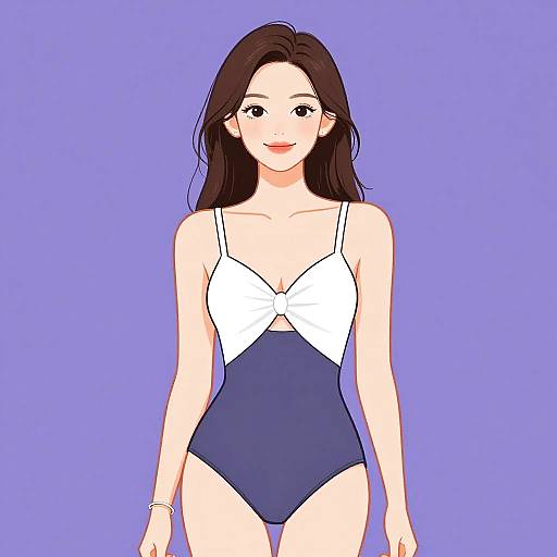 Digital anime-style drawing of a smiling woman with long brown hair, wearing a white and blue one-piece swimsuit, against a solid lavender background.