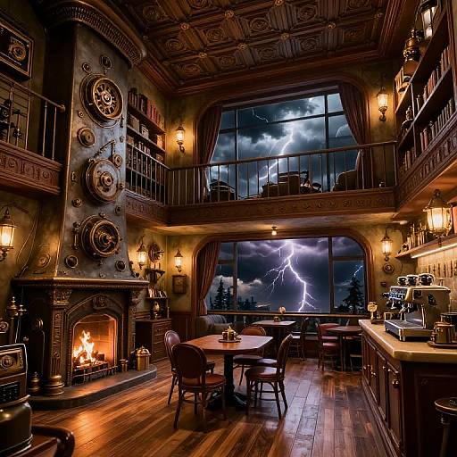 Photograph of a rustic, Victorian-style cabin with a roaring fireplace, wooden ceiling, lightning-streaked window, and vintage furniture, illuminated by warm
