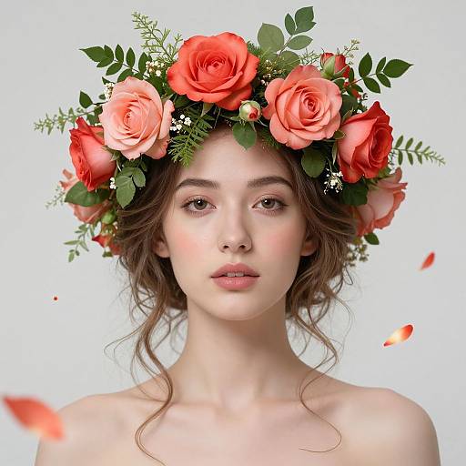 Digital portrait of a young woman with fair skin, wavy brown hair, wearing a vibrant flower crown of red and pink roses, and green foliage,