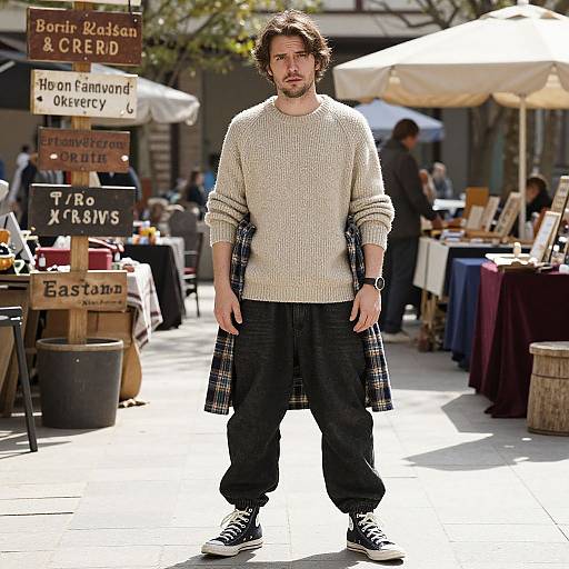 Photograph of a bearded man with wavy brown hair, wearing a cream knit sweater, black pants, and plaid shirt, standing in a