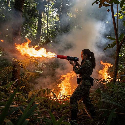 Photograph of a woman in camouflage firing a red and black rifle at a large forest fire, with thick smoke and bright flames in the background.