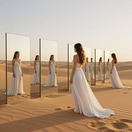 Photograph of a woman with long brown hair in a white, flowing wedding gown standing in a desert, gazing at multiple mirrored reflections of herself under