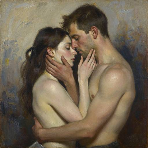 Photorealistic oil painting of a topless, pale-skinned couple with long brown hair, gently touching foreheads, hands cradling each other