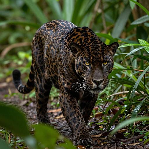 Photograph of a sleek, spotted black panther with piercing yellow eyes, walking through dense, lush green jungle foliage.