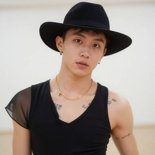 Photograph of an Asian young man with short hair, wearing a black hat, sheer black top, gold chain, and tattoos, looking directly at the
