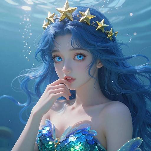 Anime Style Blue-Haired Mermaid Girl Underwater