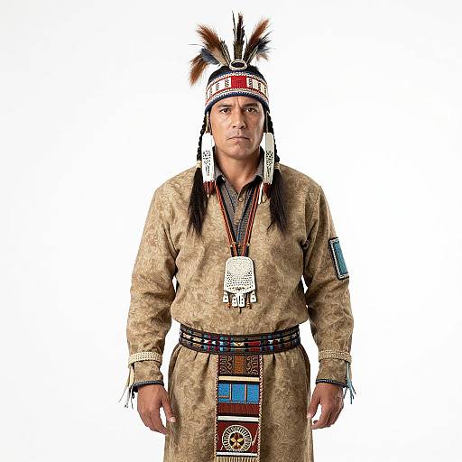 Photograph of a Native American man in traditional regalia: beige patterned tunic, black braids, feathered headband, large silver pendant