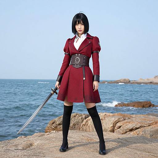 Digital art of a black-haired woman in a red military-style dress, black thigh-high boots, and corset, holding a sword, standing on rocky
