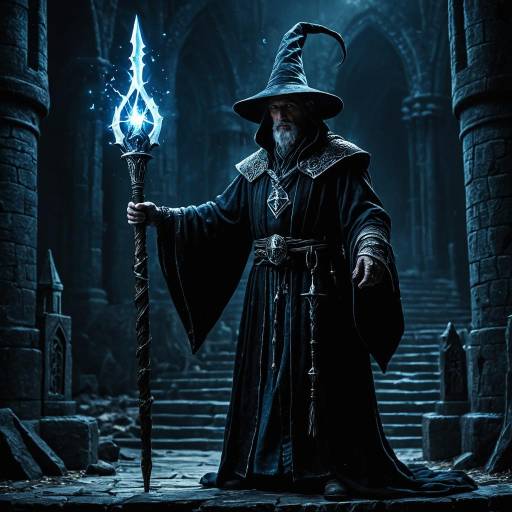 Evil Sorcerer with Glowing Staff in Arcane Tower