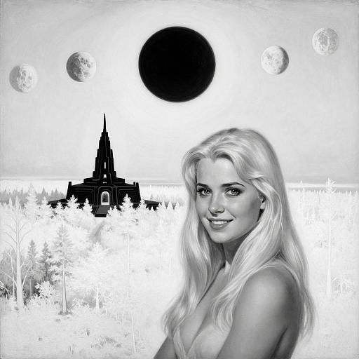 Black-and-white digital art: Smiling blonde woman with long hair in foreground, Gothic church silhouette, five moons, black sun in background.