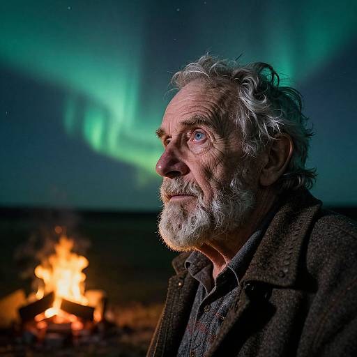 Photograph of an elderly man with white curly hair and beard, gazing at green Northern Lights, wearing a dark wool coat, beside a burning fire